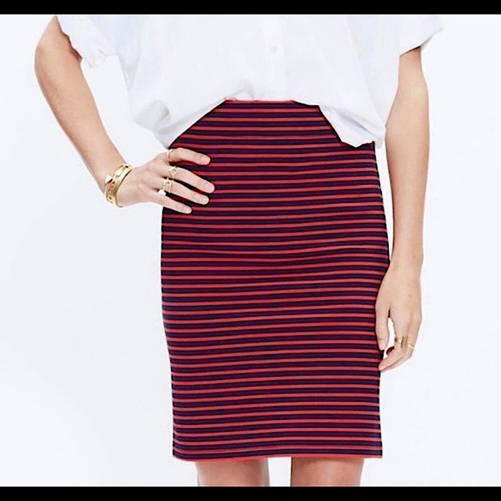 Madewell Striped Downtown Ponte Knit Pencil Skirt Size, red blue, small S